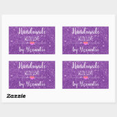 Handgemaakt met liefde paarse glitter script rechthoekige sticker (Vel)