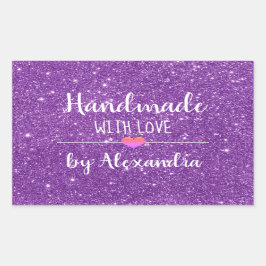 Handgemaakt met liefde paarse glitter script rechthoekige sticker