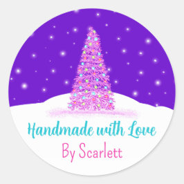 Handgemaakt Met Liefde Paarse Kerstboom Ronde Sticker