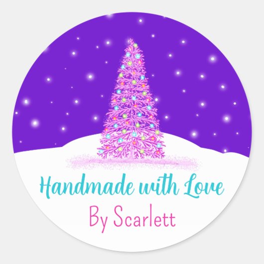 Handgemaakt Met Liefde Paarse Kerstboom Ronde Sticker (Voorkant)