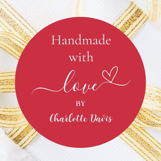 Handgemaakt met liefde rode naam ronde sticker