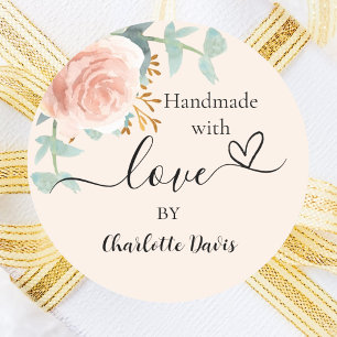 Handgemaakt met liefde roos gouden bloemenperzik ronde sticker