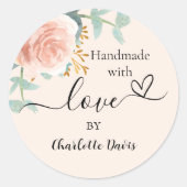 Handgemaakt met liefde roos gouden bloemenperzik ronde sticker (Voorkant)