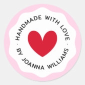 Handgemaakt met liefde roze golvende rand rood har ronde sticker (Voorkant)