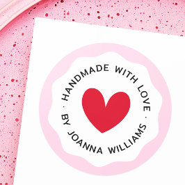Handgemaakt met liefde roze golvende rand rood har ronde sticker