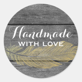 Handgemaakt met liefde rustiek hout & gouden veren ronde sticker