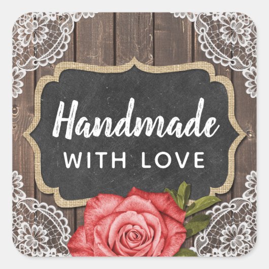 Handgemaakt met liefde rustiek hout & kant krijtbo vierkante sticker (Voorkant)