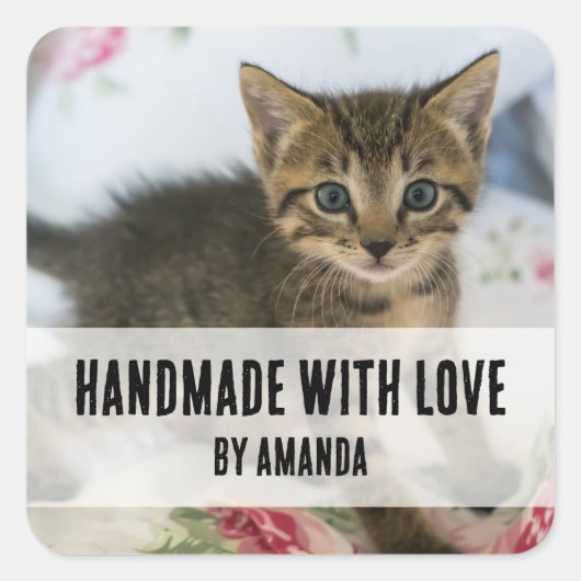 Handgemaakt met liefde schattig tabby kitten foto  vierkante sticker (Voorkant)