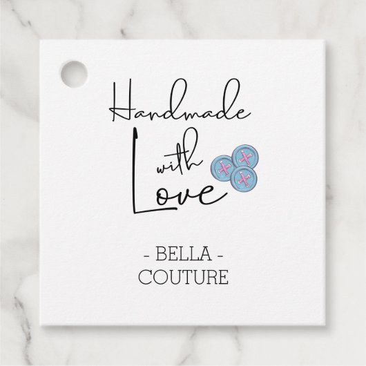 Handgemaakt met Liefde Schattige Blauw Buttonnen W Bedankjes Labels (Voorkant)