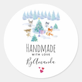 Handgemaakt met Liefde Schattige Bos Dieren Kerst Ronde Sticker