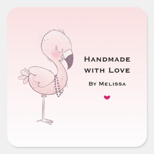 Handgemaakt met Liefde Schattige Roze Flamingo Ill Vierkante Sticker (Voorkant)