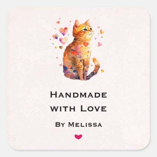 Handgemaakt met liefde Schattige Tabby Cat met har Vierkante Sticker (Voorkant)
