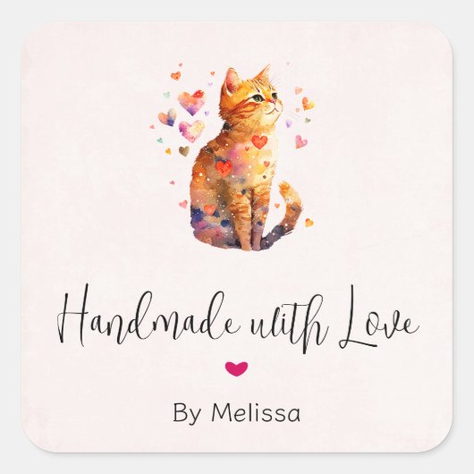 Handgemaakt met liefde Schattige Tabby Cat met har Vierkante Sticker (Voorkant)