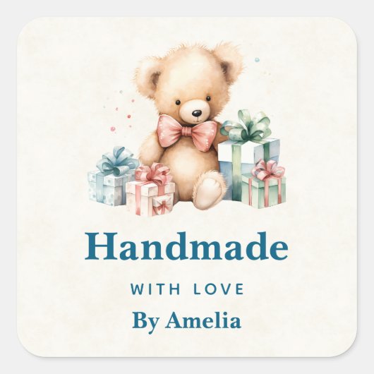 Handgemaakt met Liefde Schattige Teddy Bear Vierkante Sticker (Voorkant)
