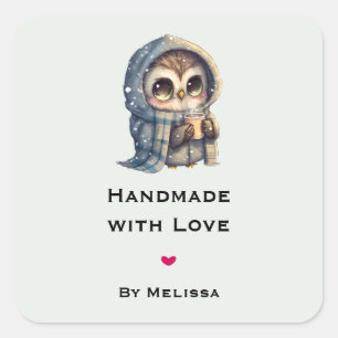 Handgemaakt met liefde Schattige Uil met een koffi Vierkante Sticker