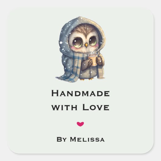 Handgemaakt met liefde Schattige Uil met een koffi Vierkante Sticker (Voorkant)