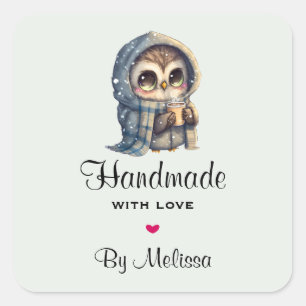 Handgemaakt met liefde Schattige Uil met een koffi Vierkante Sticker