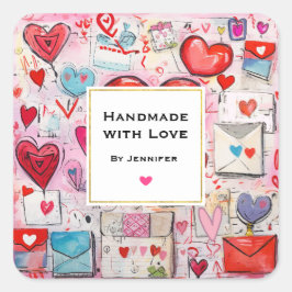 Handgemaakt met Liefde Schattigee Harten en Liefde Vierkante Sticker
