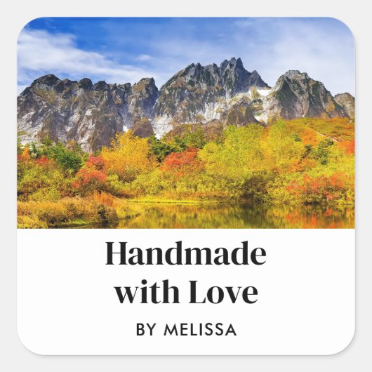 Handgemaakt met Liefde Schilderachtig Bos en Berge Vierkante Sticker (Voorkant)