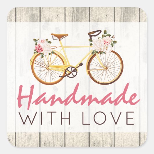 Handgemaakt Met Liefde Shabby Chic  Bicycle Vierkante Sticker (Voorkant)