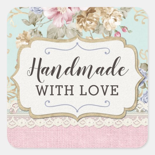 Handgemaakt Met Liefde Shabby Chic Roze Bloemen Vi Vierkante Sticker (Voorkant)