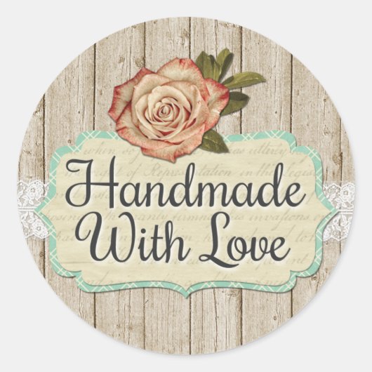 Handgemaakt Met Liefde Shabby Chic Rozen & Hout Ronde Sticker (Voorkant)