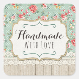 Handgemaakt Met Liefde Shabby Chic Rozen Kant & Bu Vierkante Sticker