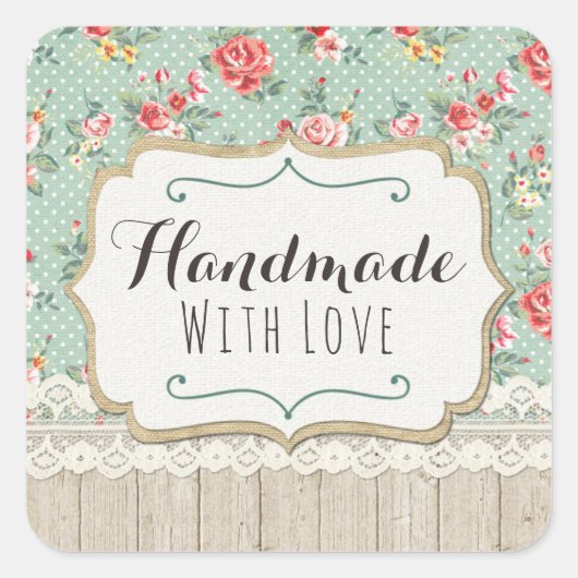 Handgemaakt Met Liefde Shabby Chic Rozen Kant & Bu Vierkante Sticker (Voorkant)
