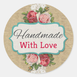 Handgemaakt Met Liefde Shabby Chic Rozen  Kant Ronde Sticker