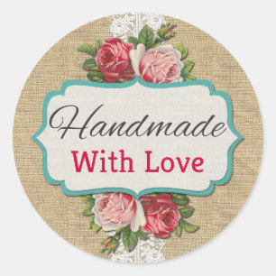 Handgemaakt Met Liefde Shabby Chic Rozen  Kant Ronde Sticker