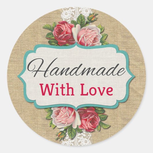 Handgemaakt Met Liefde Shabby Chic Rozen Kant Ronde Sticker (Voorkant)