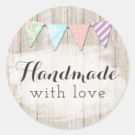 Handgemaakt Met Liefde Shabby Chic Rustieke Buntin Ronde Sticker (Voorkant)