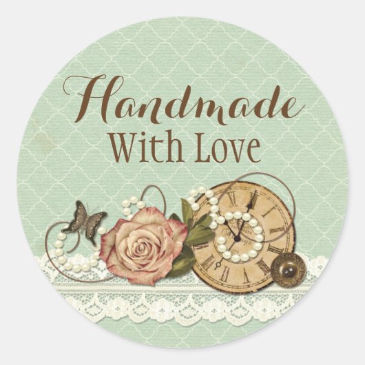 Handgemaakt Met Liefde Shabby Chic Rustieke Sierad Ronde Sticker (Voorkant)