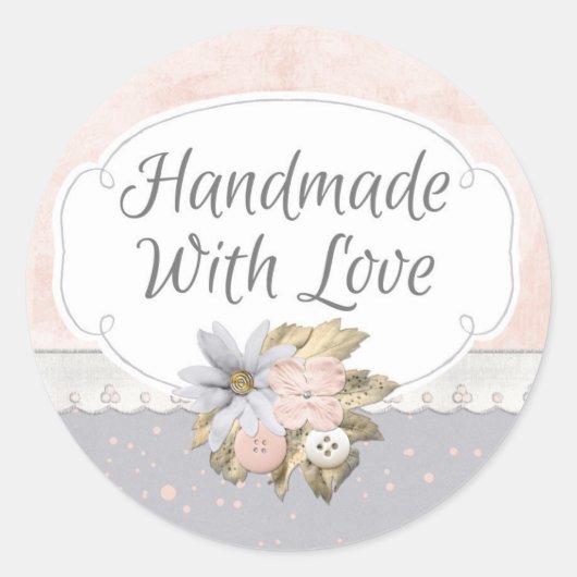 Handgemaakt Met Liefde Shabby Chique Rustieke Bloe Ronde Sticker (Voorkant)