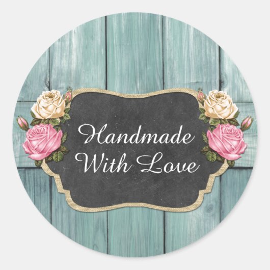 Handgemaakt Met Liefde Shabby  Rozen Rustiek Ronde Sticker (Voorkant)