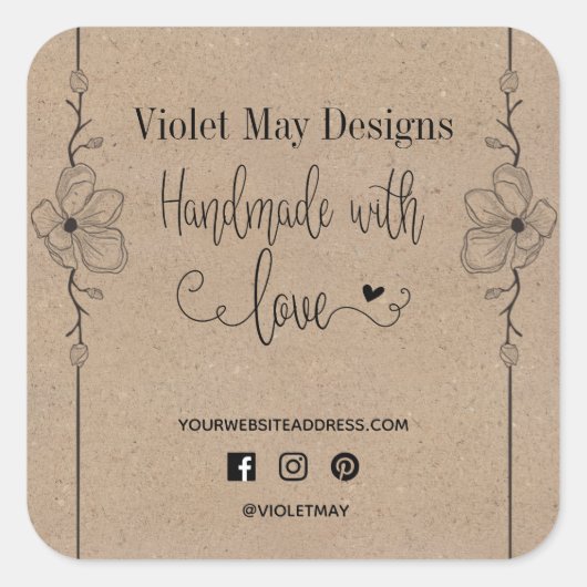 Handgemaakt met liefde Social Media Rustic Kraft Vierkante Sticker (Voorkant)