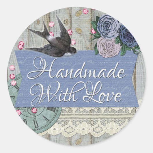 Handgemaakt Met Liefde  Swallow Bird Shabby Ronde Sticker (Voorkant)