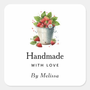 Handgemaakt met liefde verse aardbeien in een emme vierkante sticker