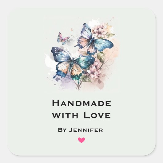Handgemaakt met Liefde Vlinders en Bloemen Vierkante Sticker (Voorkant)