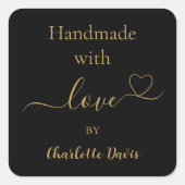 Handgemaakt met liefde zwart goud naam vierkante sticker (Voorkant)