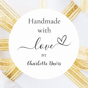 Handgemaakt met liefde zwart wit naam ronde sticker