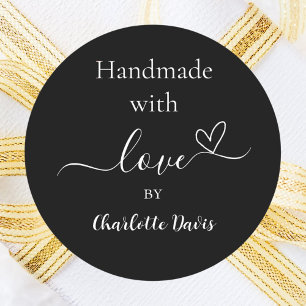 Handgemaakt met liefde zwart wit naam ronde sticker