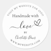 Handgemaakt met liefde zwart wit naam website ronde sticker (Voorkant)