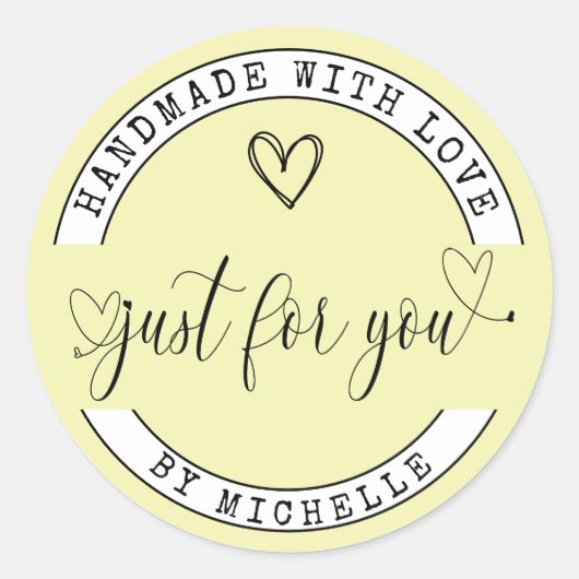 Handgemaakt Met Liefdesgeel Elegant Script Sticker (Voorkant)