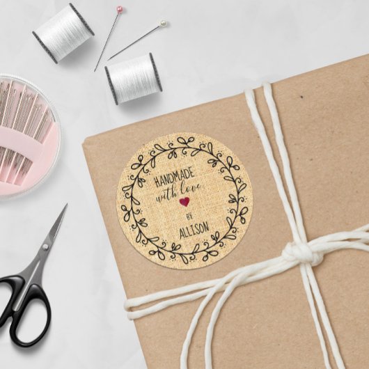 Handgemaakt met liefdesgerichte Faux Fabric Craft Ronde Sticker