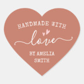 Handgemaakt met liefdesharten naam terracotta brow hart sticker (Voorkant)