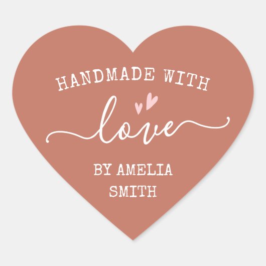 Handgemaakt met liefdesharten naam terracotta brow hart sticker (Voorkant)