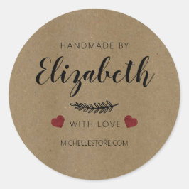 Handgemaakt met liefdesharten ronde sticker