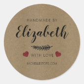 Handgemaakt met liefdesharten ronde sticker (Voorkant)