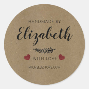 Handgemaakt met liefdesharten ronde sticker